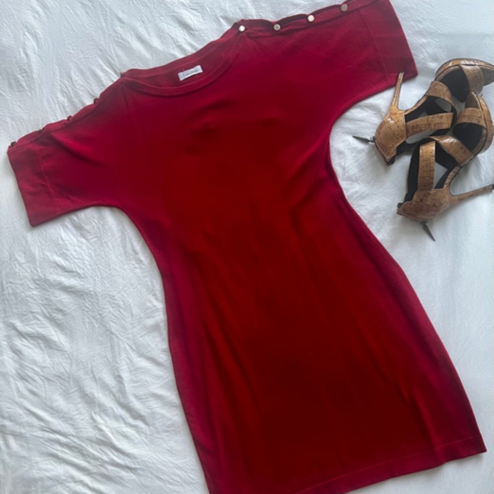 FLASH SALE: Calvin Klein Knee-Length Red Dress with Gold Button Detailing, Sz M